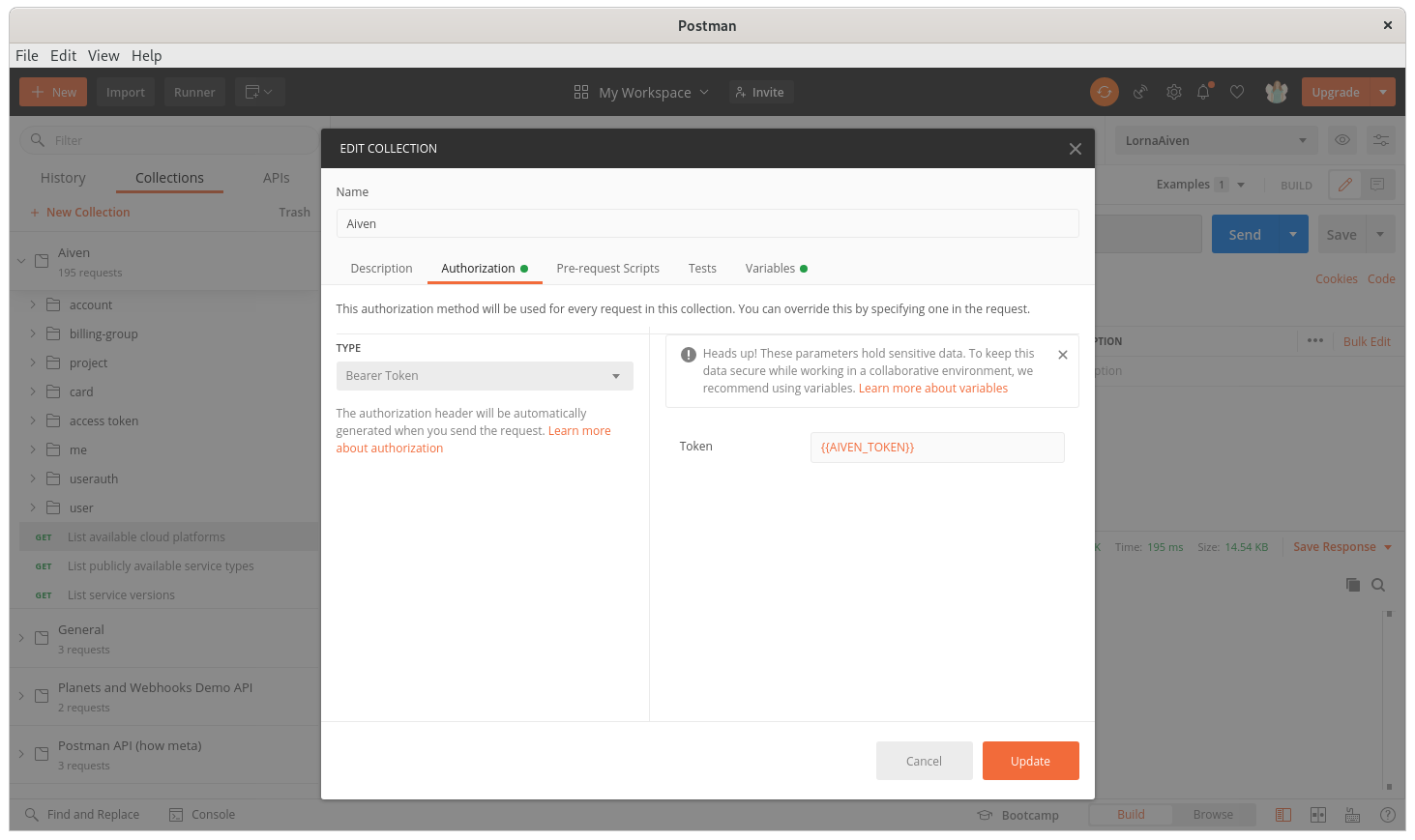 set collection-level authorization option to be "bearer token"