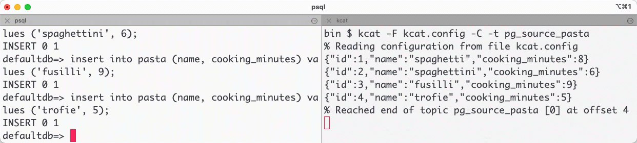 Gif showing Postgresql insert and related rows flowing in Kafka via kcat