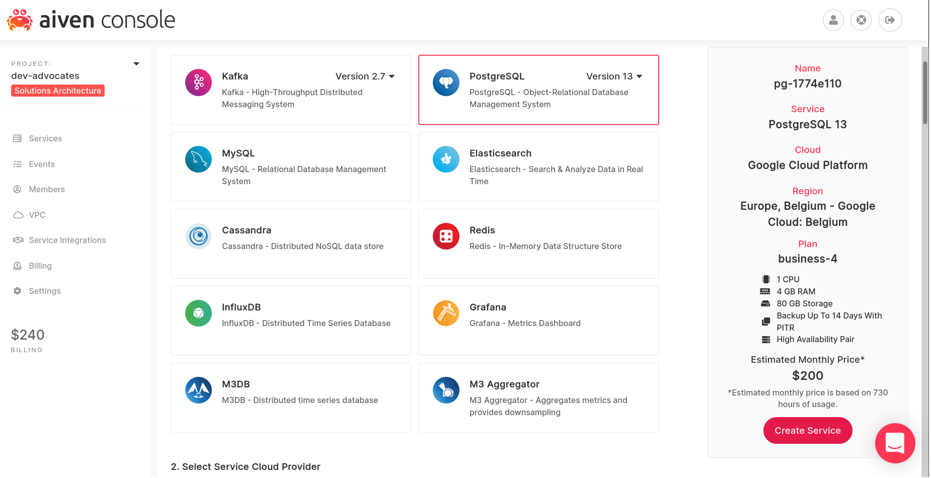 Screenshot of creating a PostgreSQL service in the Aiven console