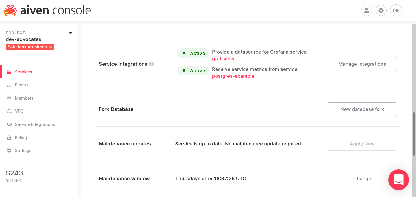 Aiven Console showing that this service receives metrics and has a dashboard integration