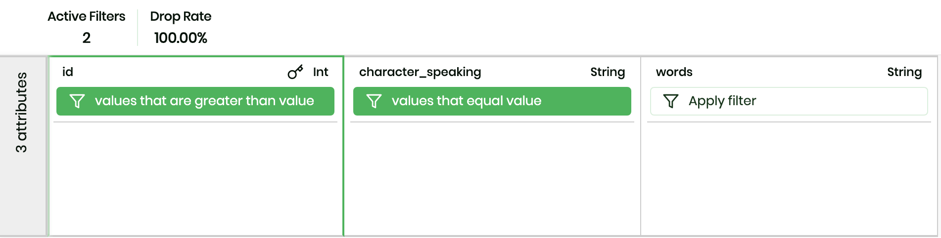 The Filter tab showing the two filters applied to the pipeline