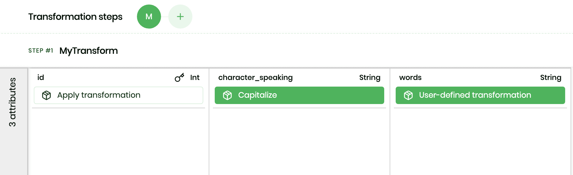 Screenshot of the transformation tab including the capitalize and user defined transformation