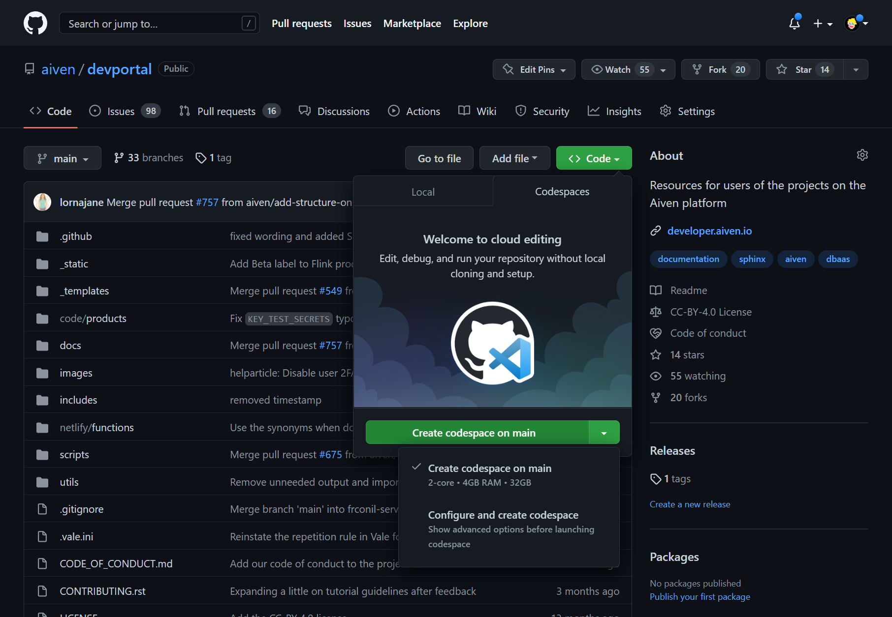 Select the Codespaces button