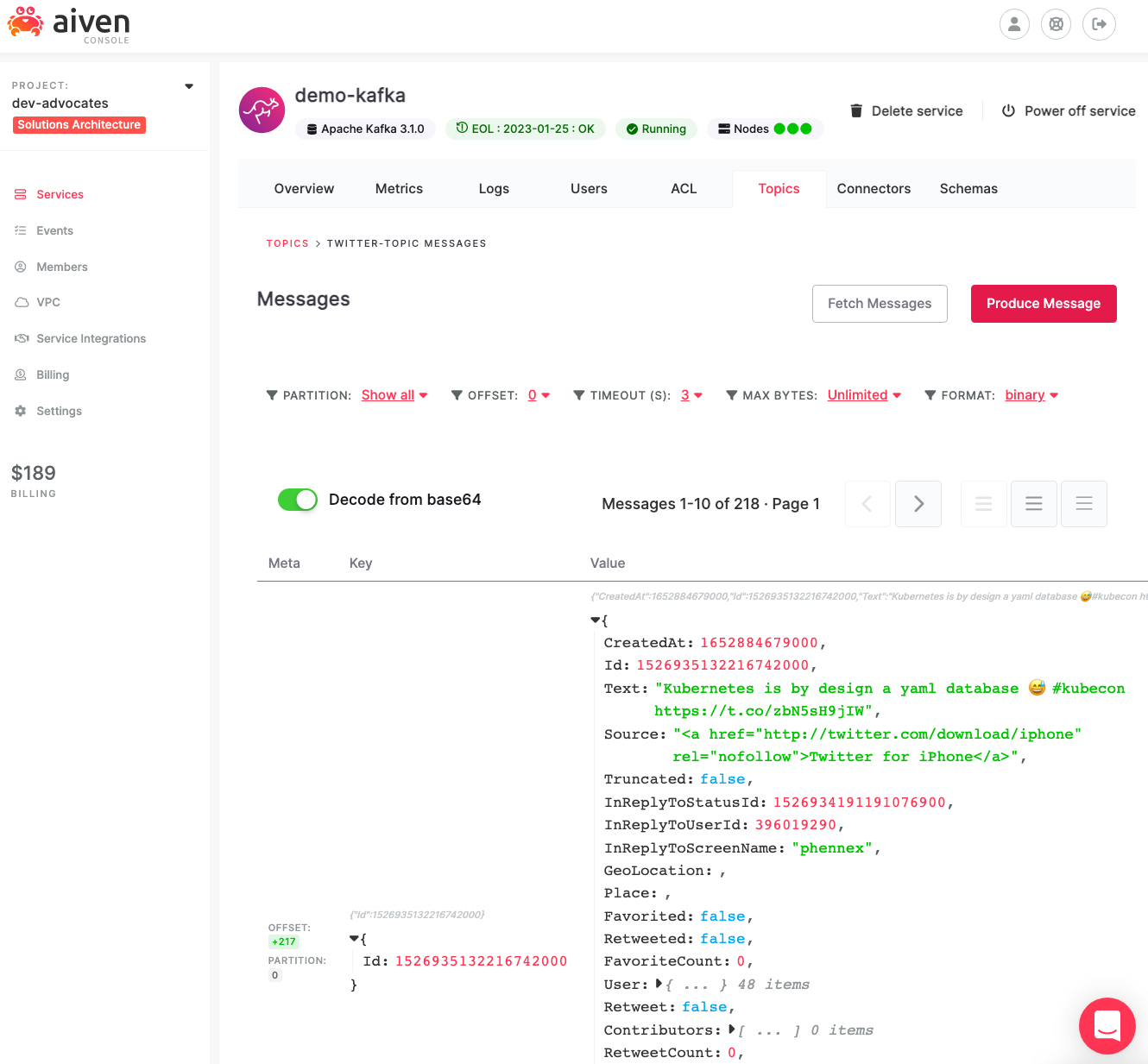 Tweets about databases as shown in the Aiven console