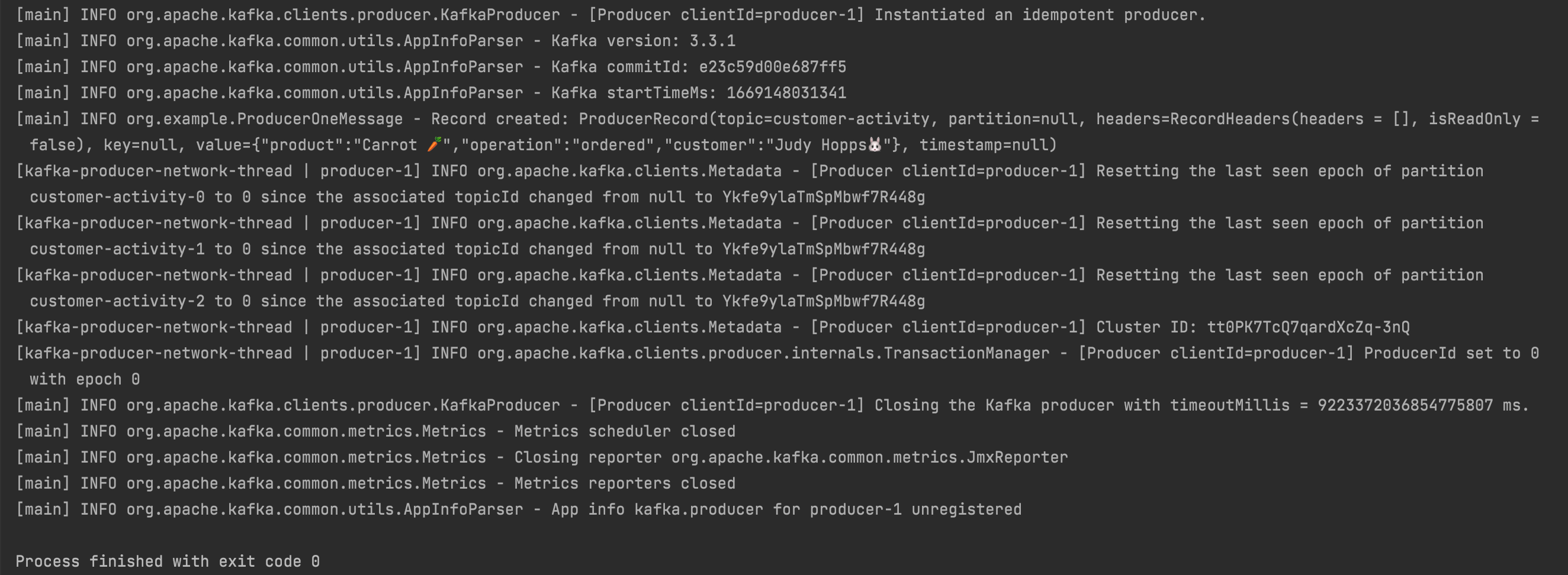 Screenshot showing running producer that sent a single message to the cluster