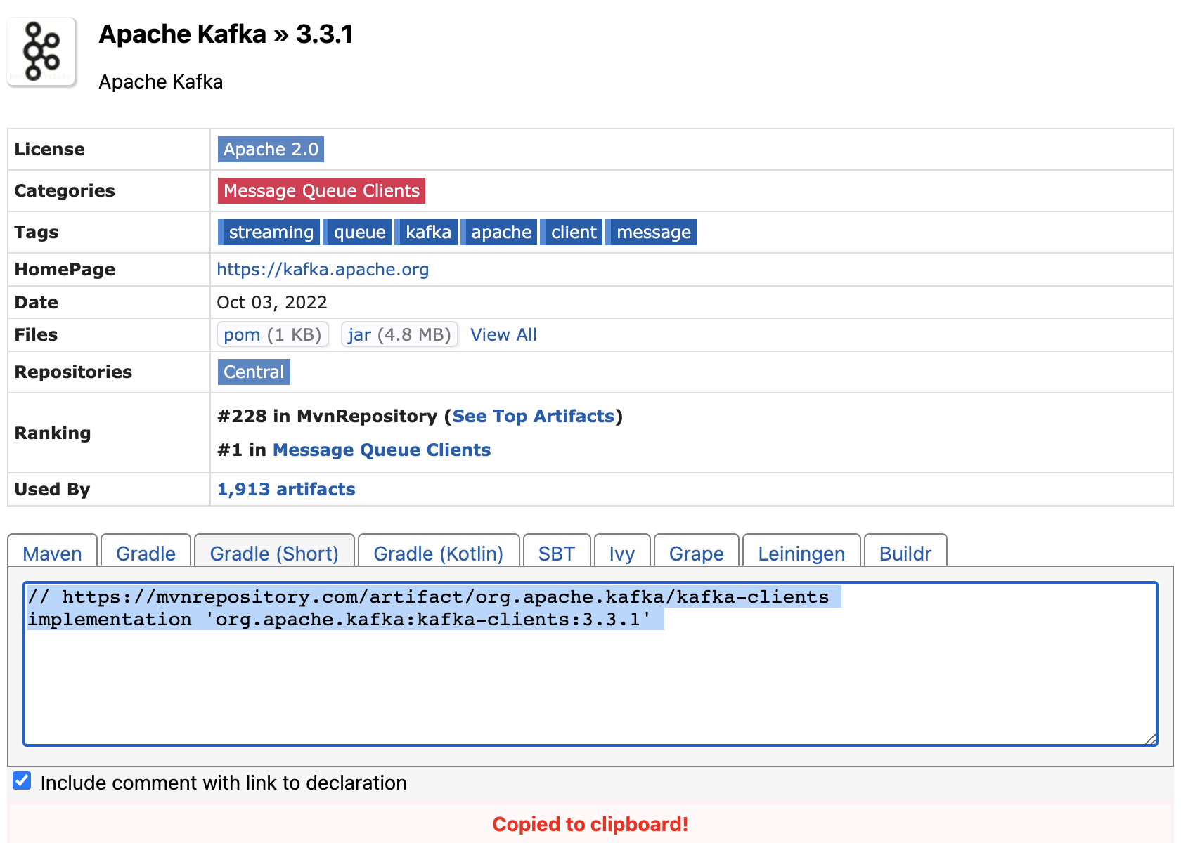 Screenshot showing selecting gradle dependency for apache kafka client from mvnrepository