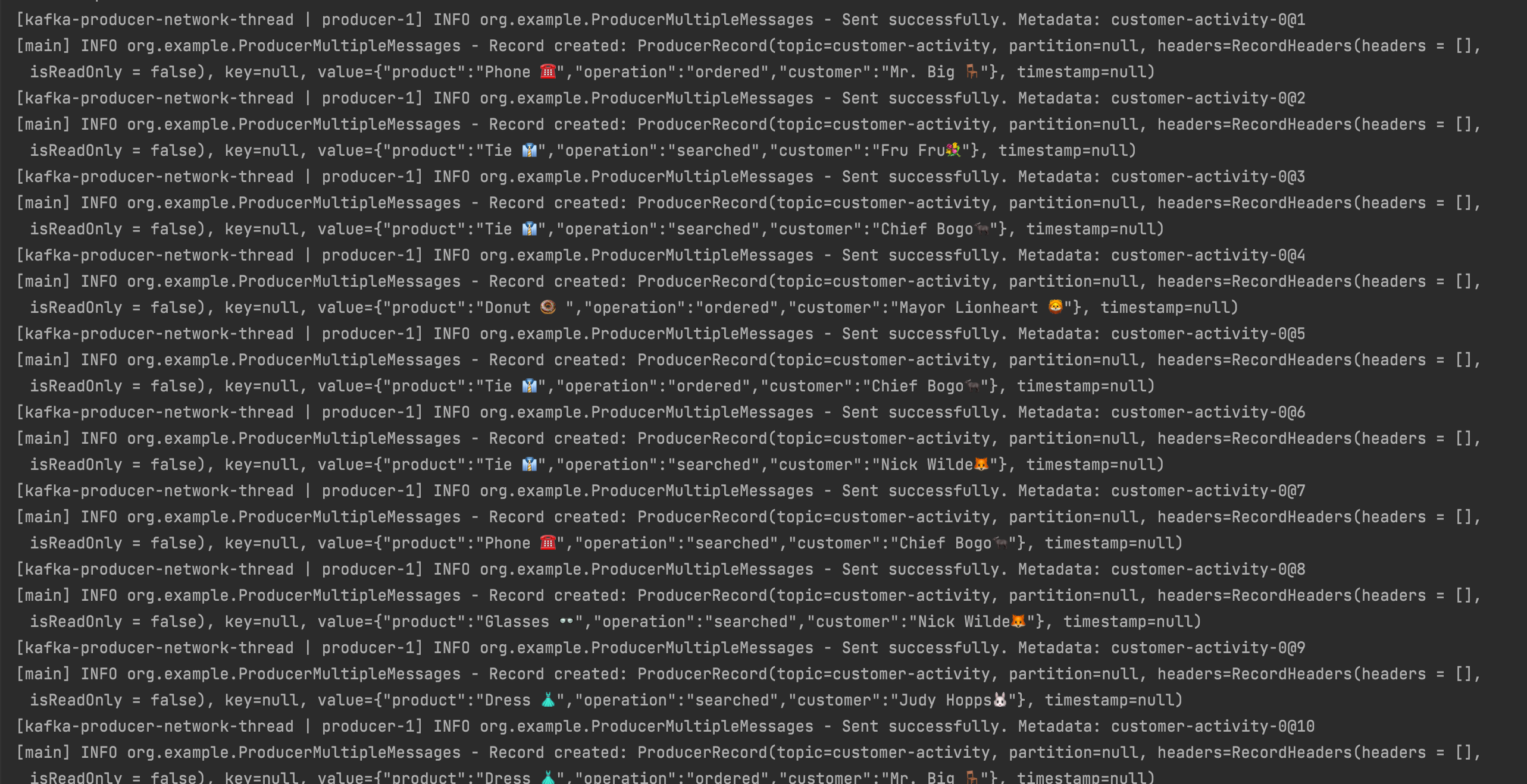 Screenshot showing the producer sending multiple messages to the Kafka topic