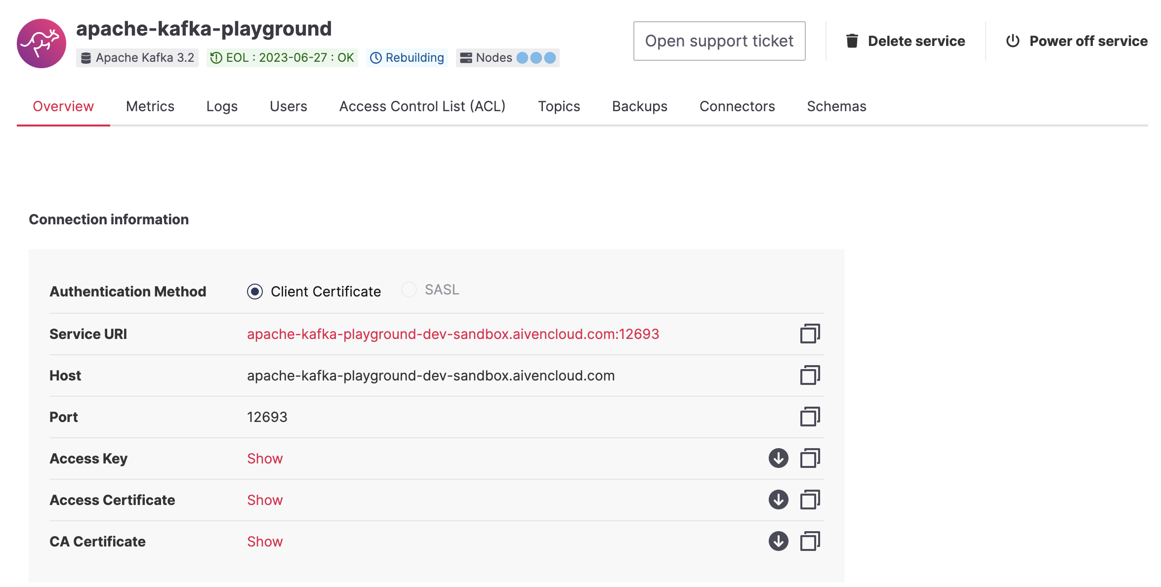 Screenshot showing newly created Aiven for Apache Kafka service, service is still rebuilding