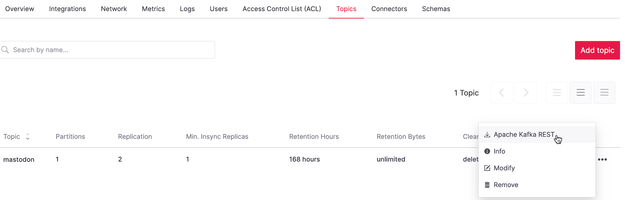 Screenshot showing Apache Kafka REST menu option for a topic