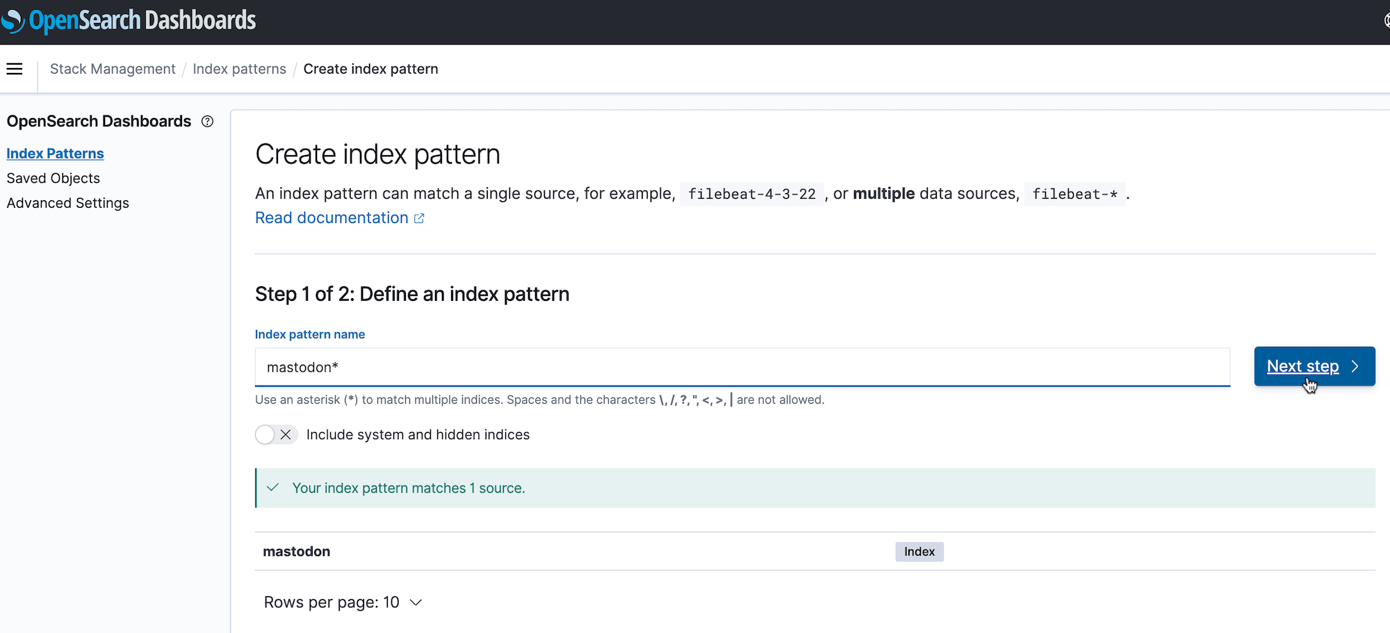 Screenshot of creating an index pattern in OpenSearch