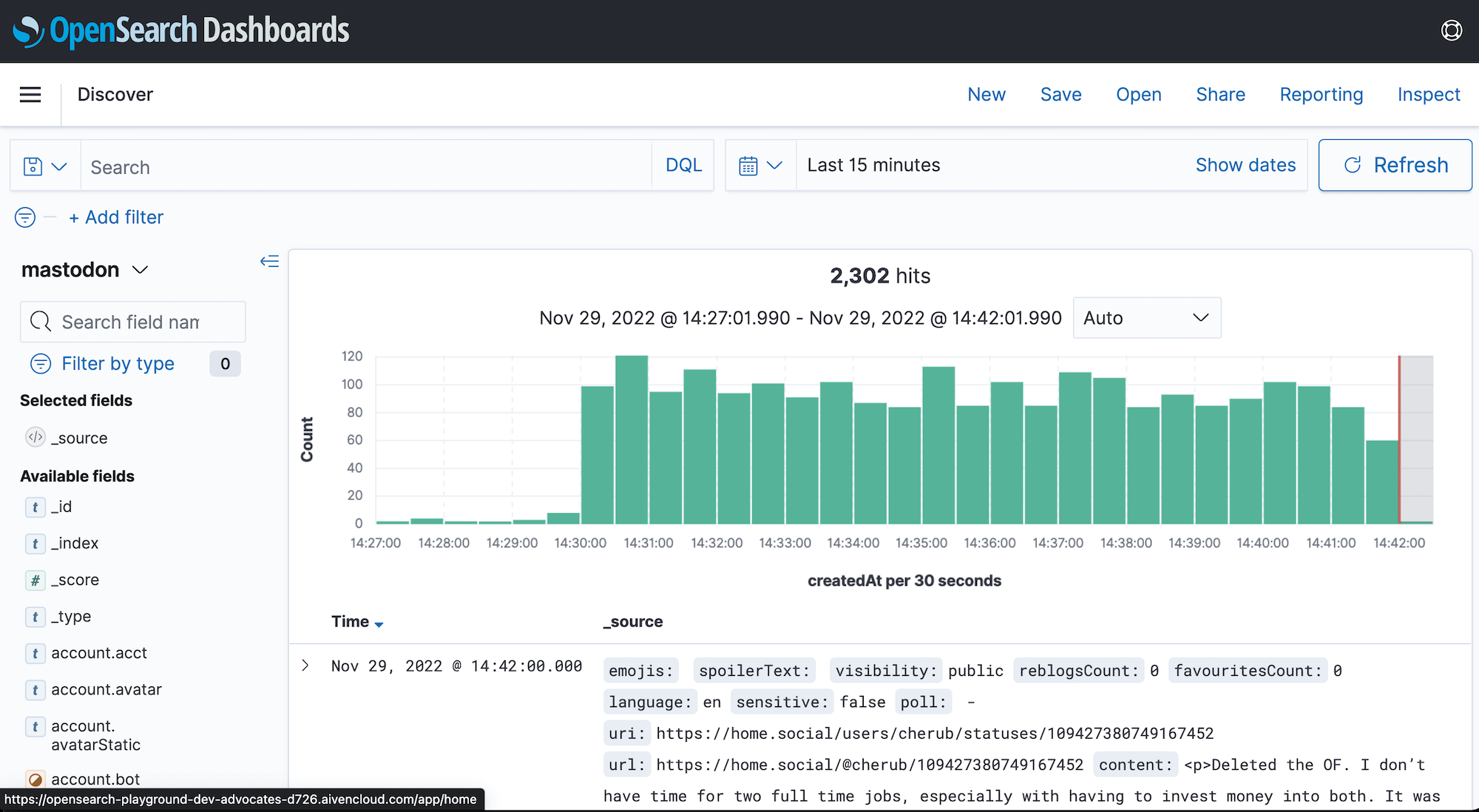 Screenshot of discover panel