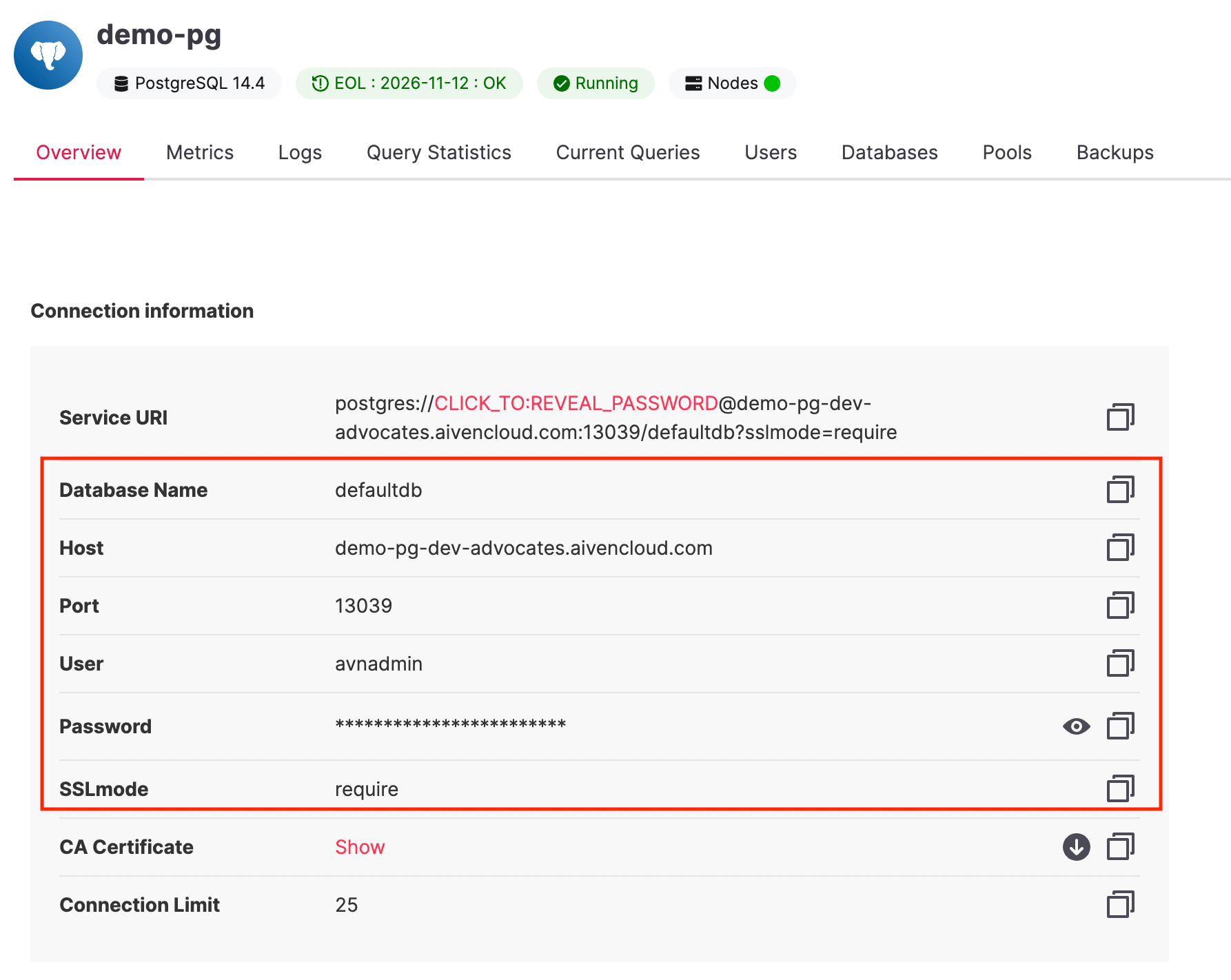 Aiven Connection Information