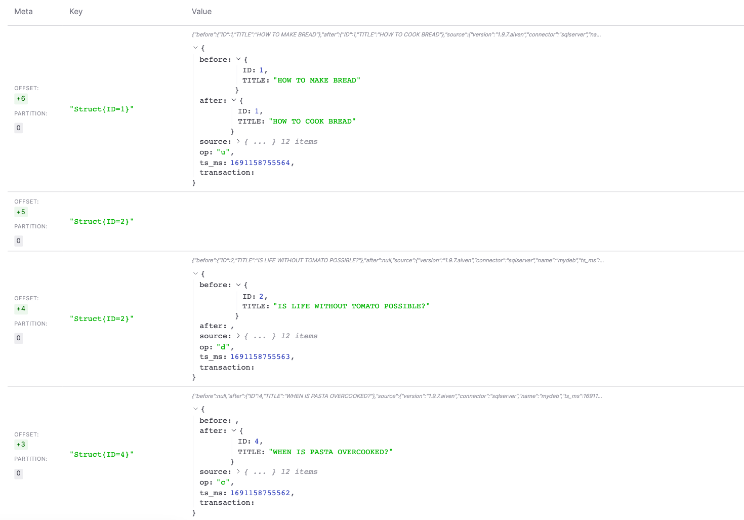 The last three changes being visualized in the Aiven for Apache Kafka topic