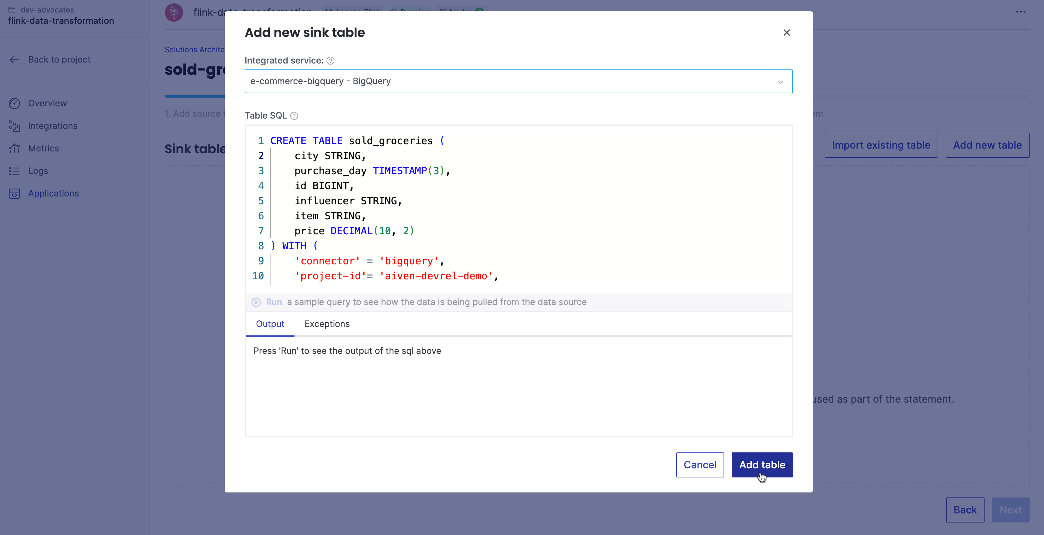 Add BigQuery as a sink table