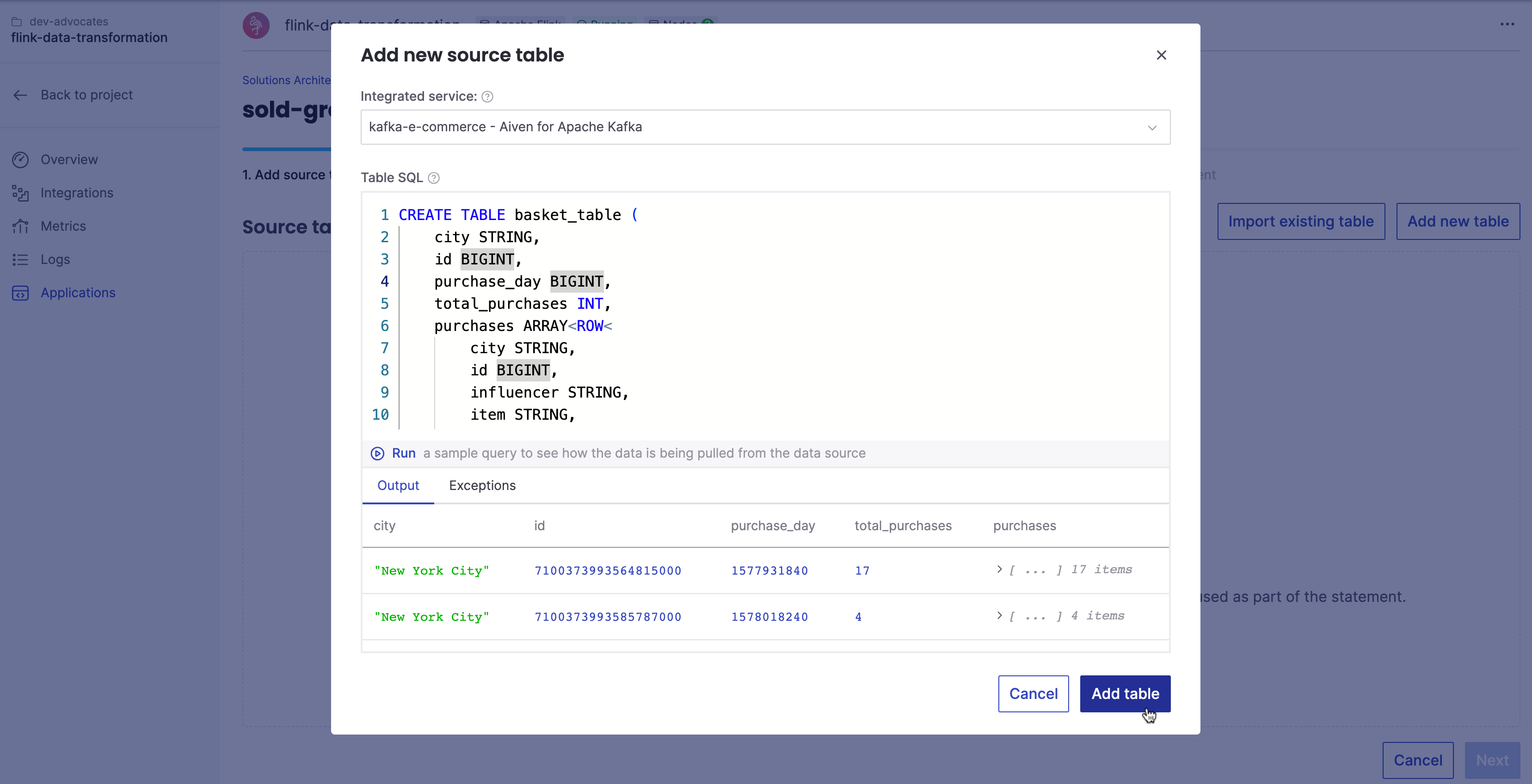 Add Apache Kafka as a source table