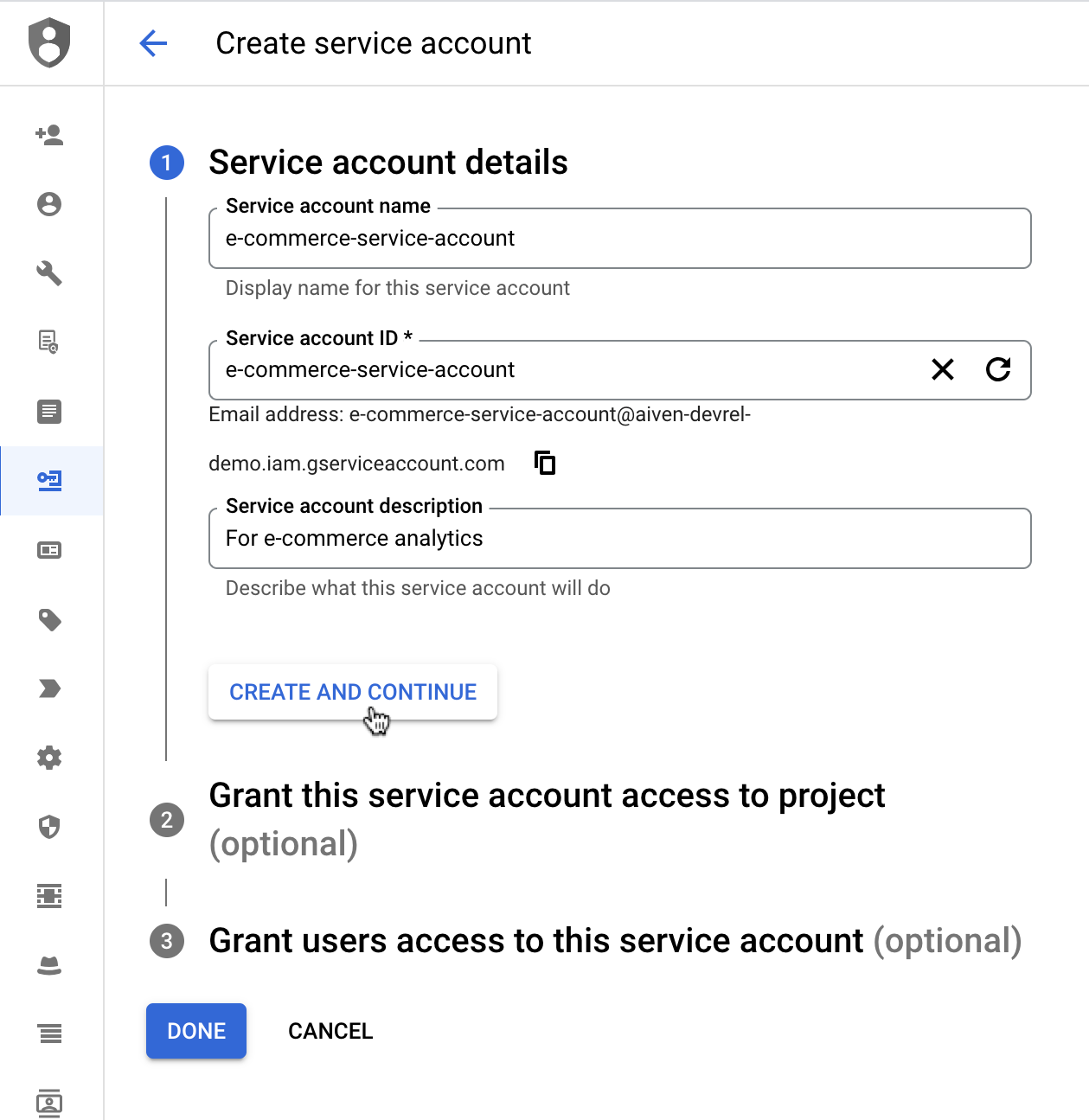 Creating a new service account with GCP