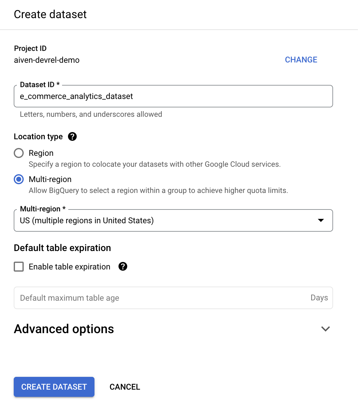 Creating a new dataset in GCP BigQuery