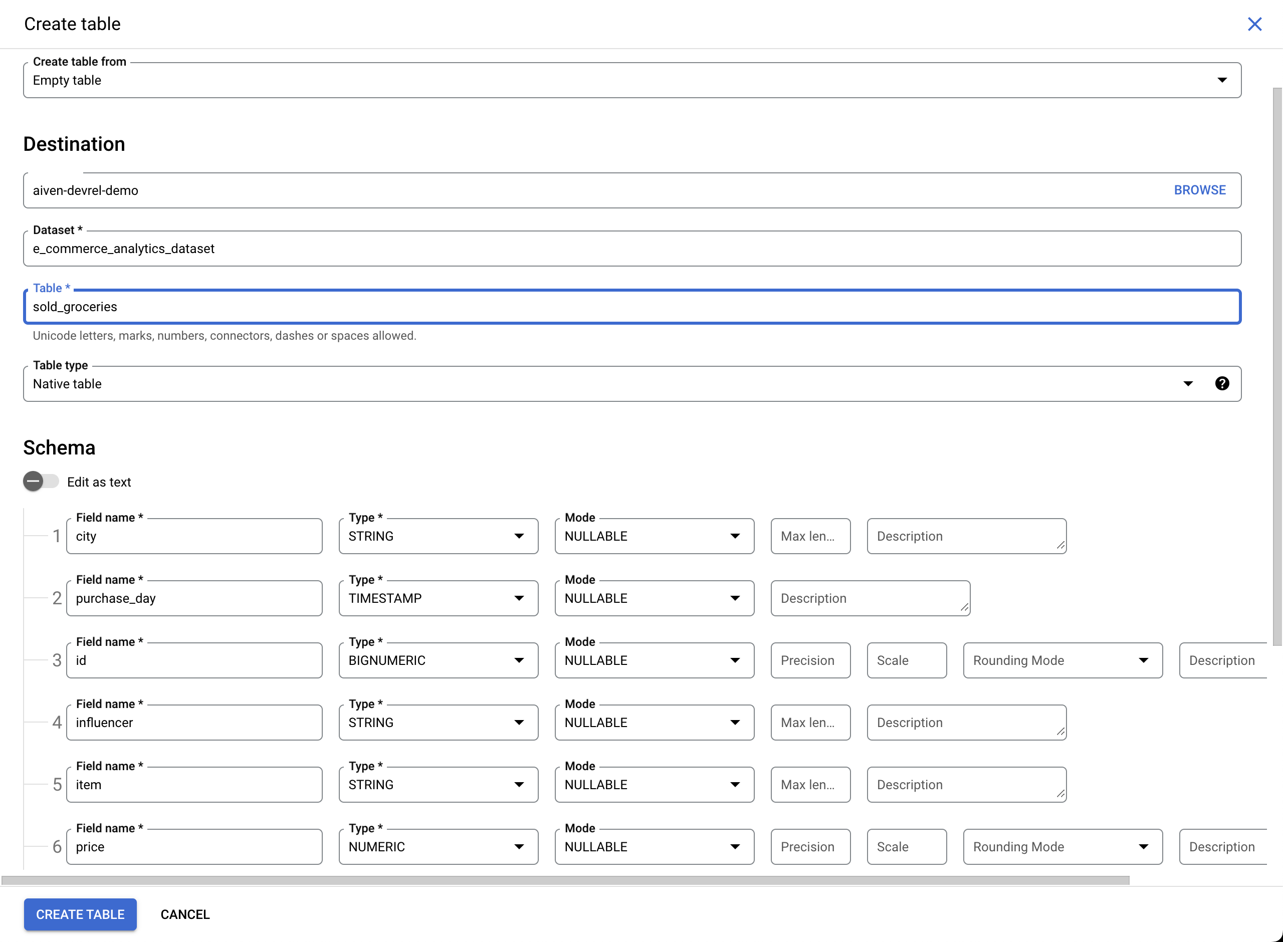 Creating a new table in GCP BigQuery