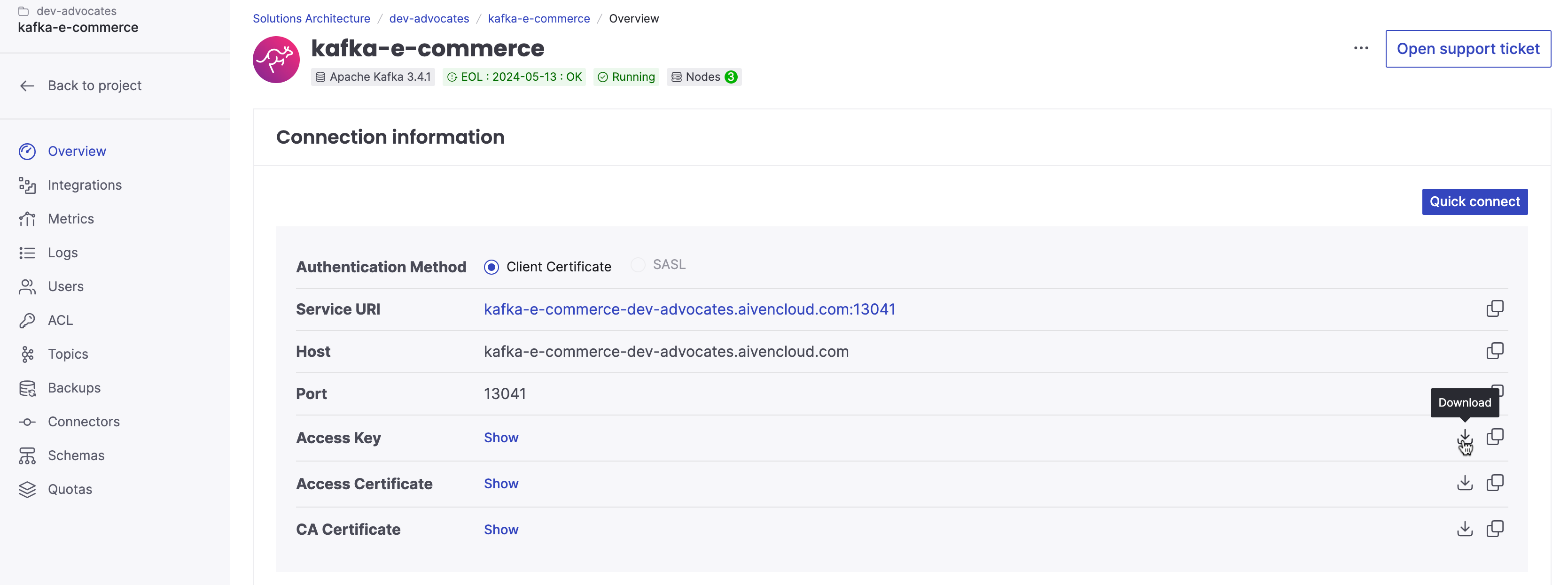 Download certificates for Aiven for Apache