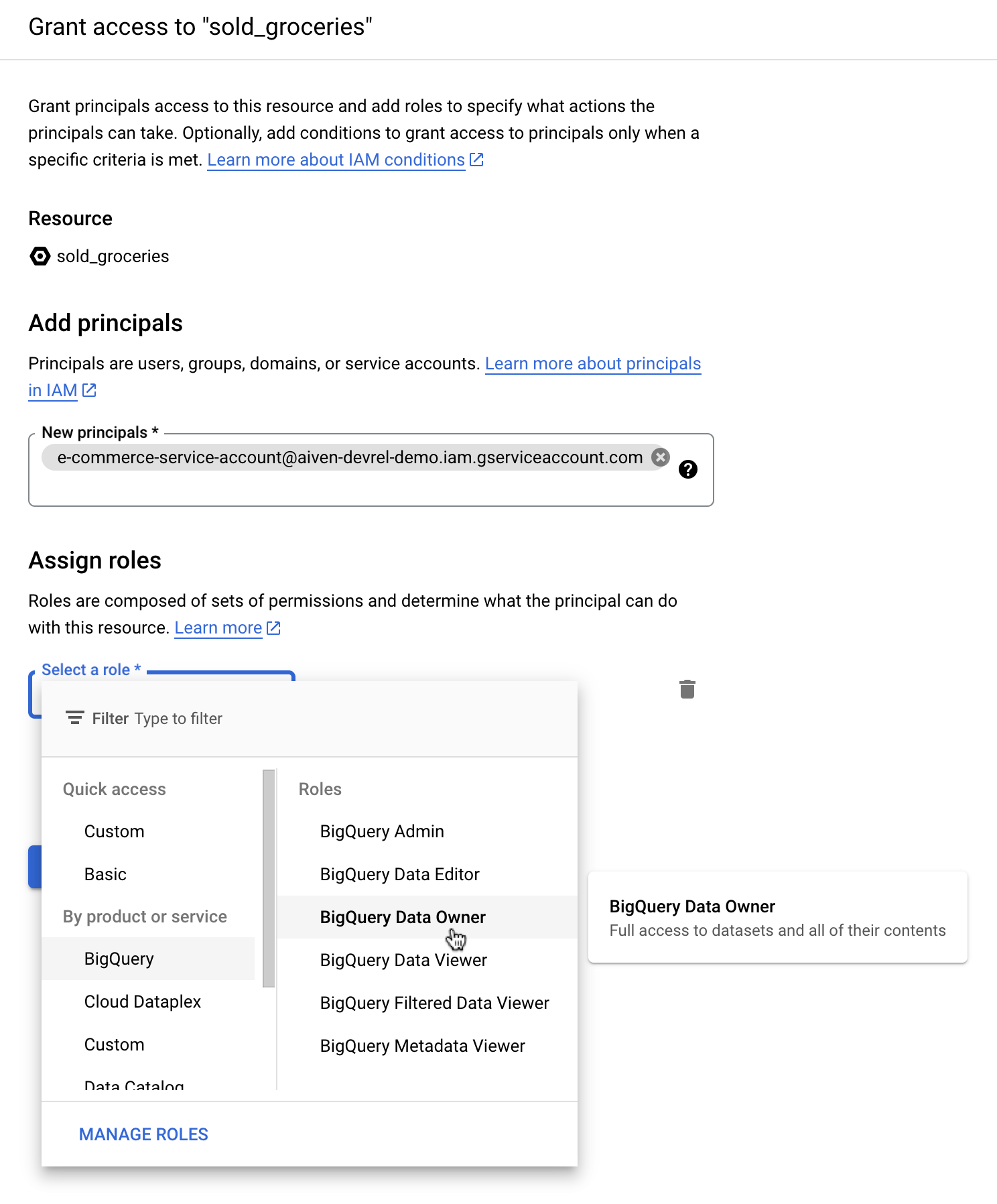 Granting permission of BigQuery Data Owner to BigQuery table for the service account