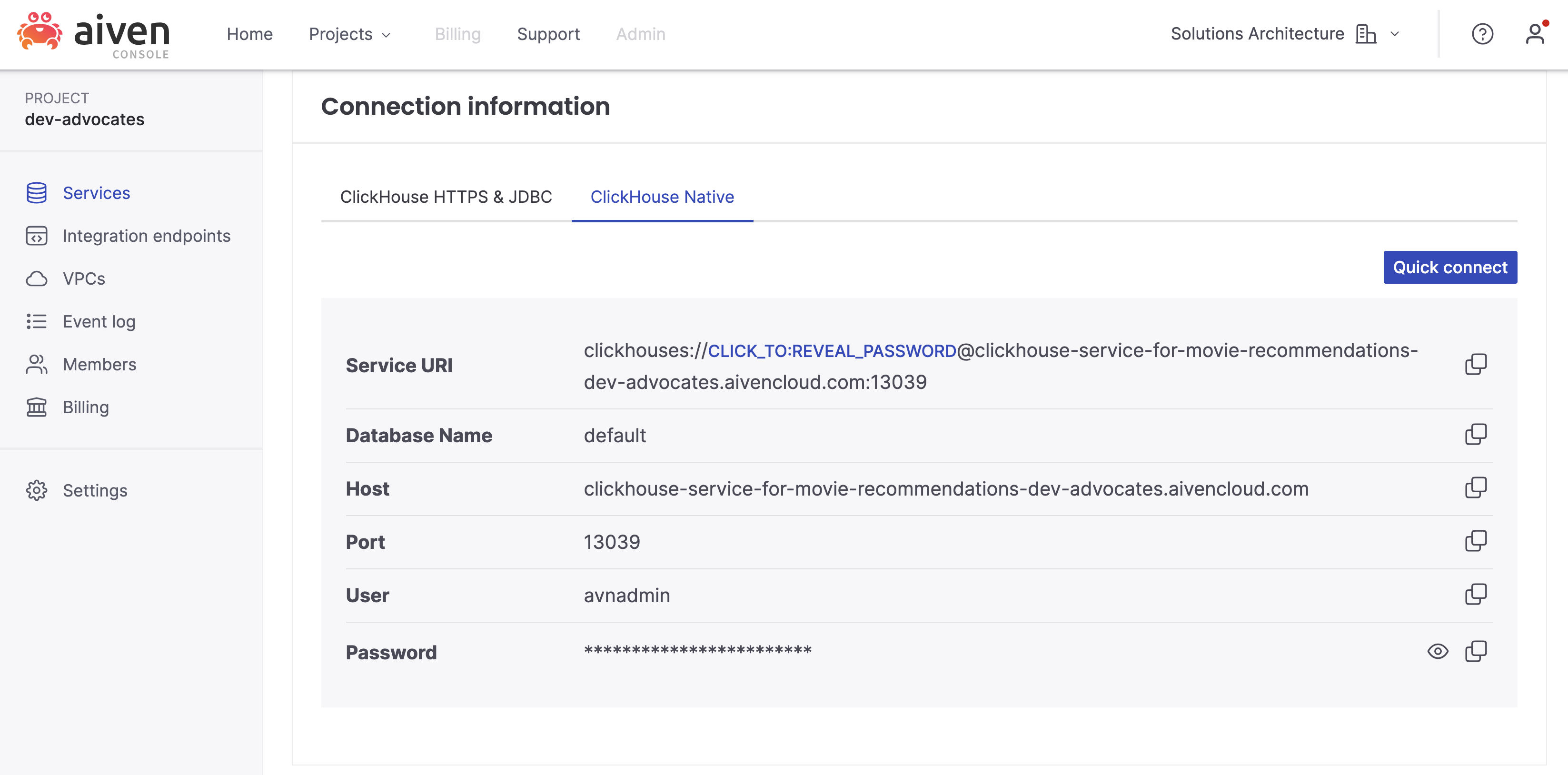 Where to find ClickHouse connection properties