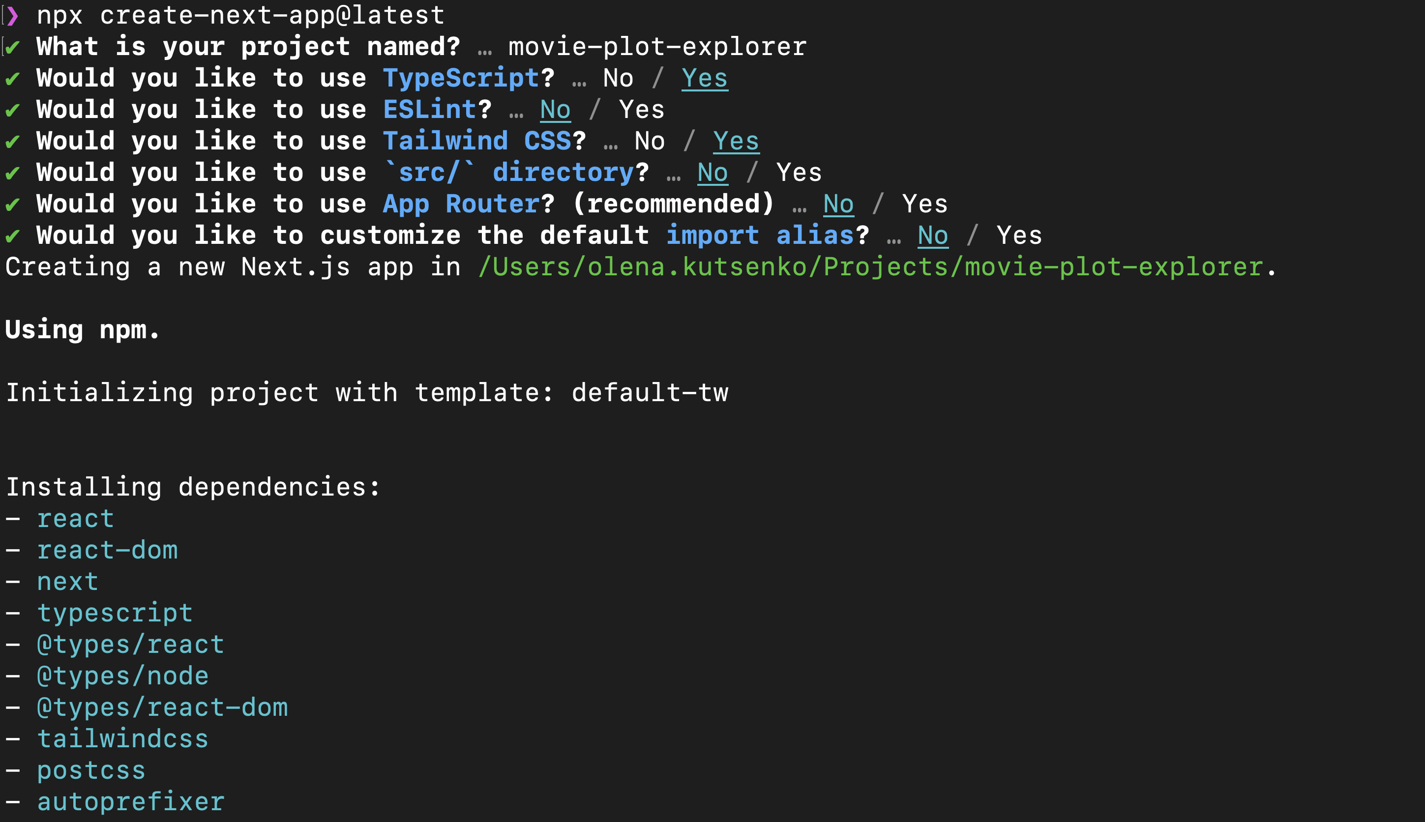 Screenshot with the settings when creating a new Next.Js app