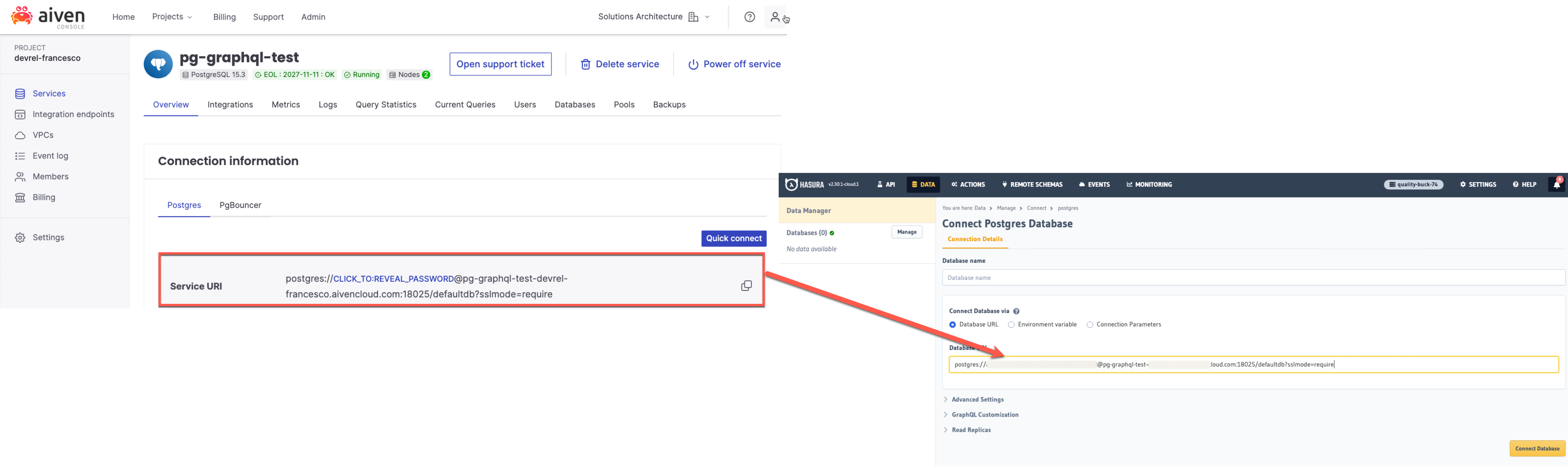 Aiven for PostgreSQL service URI into the Database URL parameter