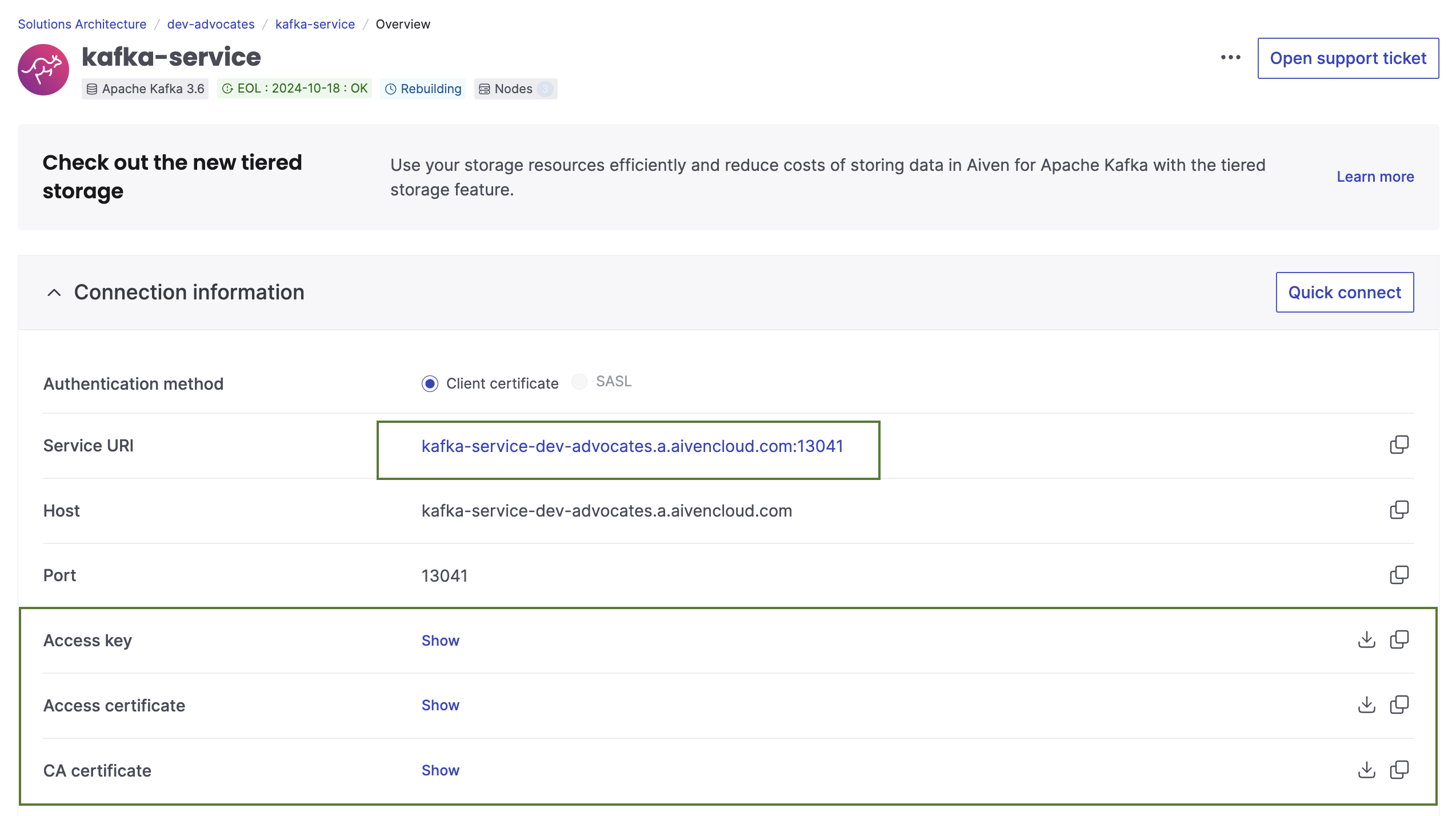 Aiven for Apache Kafka credentials
