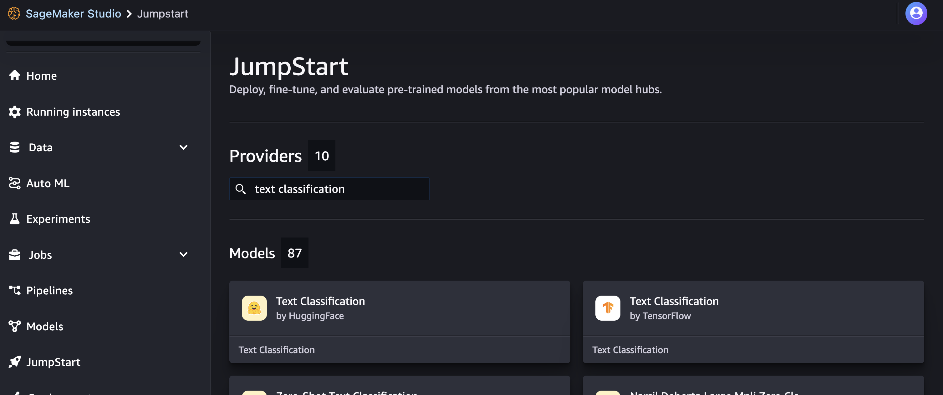 Search for text classification in JumpStart